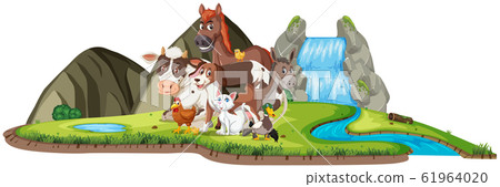 Scene with many wild animals by the waterfall on 61964020