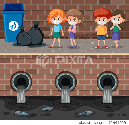 Four kids with mask standing by the dirty canel 61964039