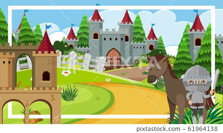 Scene with knight and horse by the castle tower 61964138