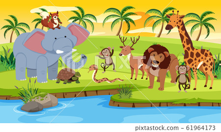 Scene with wild animals standing by the river at Scene with wild animals standing by the river at 61964173