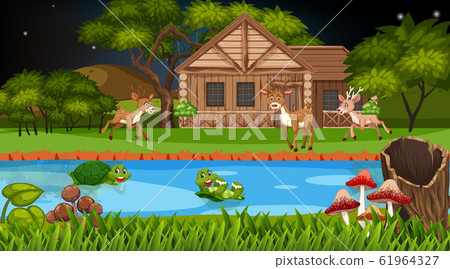 Scene with wooden cottage in the field at night Scene with wooden cottage in the field at night 61964327