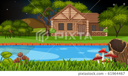 Scene with wooden cottage in the field 61964467