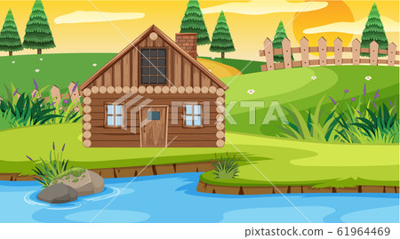 Scene with wooden cottage in the field Scene with wooden cottage in the field 61964469