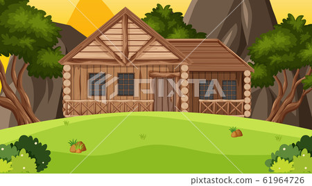 Scene with wooden cottage in the field 61964726