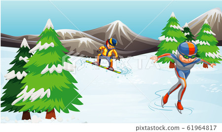 Scene with athletes doing winter sports in the 61964817