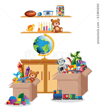 Shelf and box full of toys on white background 61964840