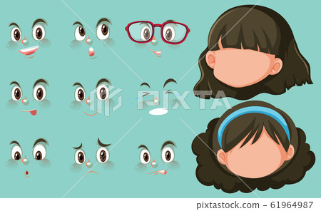 Set of facial expressions and two heads of girl Set of facial expressions and two heads of girl 61964987