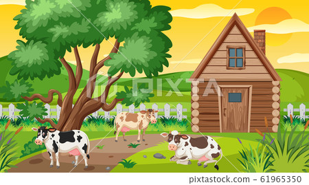 Scene with cows in the field of farmyard 61965350