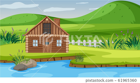 Scene with wooden cottage in the field Scene with wooden cottage in the field 61965360