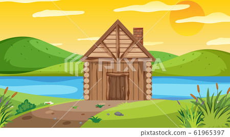 Scene with wooden cottage in the field 61965397