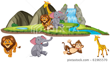 Scene with many wild animals by the waterfall 61965570