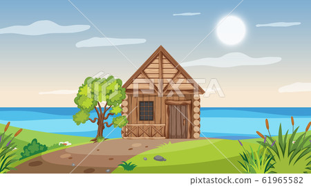 Scene with wooden cottage in the field by the 61965582