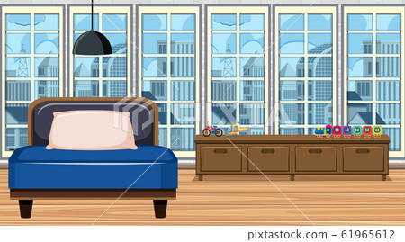 Room with blue safa and wooden shelf 61965612