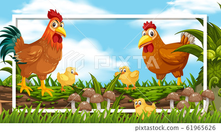Frame design with rooster and little chicks on the 61965626