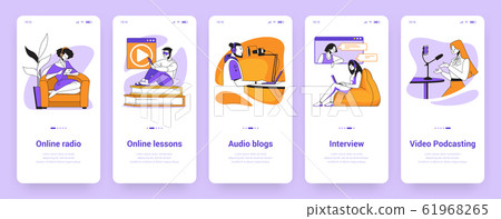 Podcast onboarding screens. Online training and video lessons, music radio and self education banners. Vector social media screens set 61968265