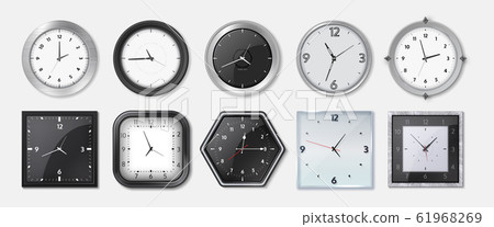 Realistic clock. Square and round metal and plastic office clocks with black and white dials and bezels. Vector wall watches with hour and minute arrows 61968269
