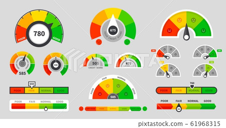Credit score indicators. Level indicator. Speedometer goods gauge rating meter. Vector illustration Credit score indicators. Level indicator. Speedometer goods gauge rating meter. Vector illustration 61968315