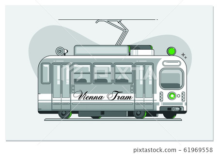 Vintage tram - symbol of Vienna, Austria, tramway in Vienna, side view.Line vector illustration 61969558