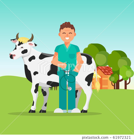 Doctor veterinary and cow vector illustration. Farm animals cows medicine doctoral. Agricultures veterinarian care. Doctor veterinary and cow vector illustration. Farm animals cows medicine doctoral. Agricultures veterinarian care. 61972321