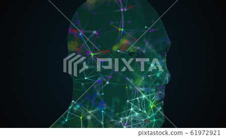 Overlay a background of mesh with multi-colored thin lines connected by dots on the shape of the head. Rotating translucent composition, computer generated, 3D rendering isometric background 61972921