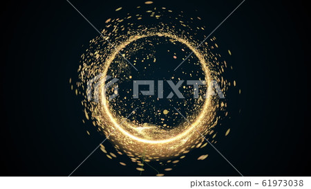 Computer generated abstract background. A chaotic stream of golden round particles and light creates a spiral. 3D rendering Computer generated abstract background. A chaotic stream of golden round particles and light creates a spiral. 3D rendering 61973038