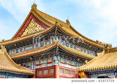 China, Beijing, Forbidden City Different design elements of the colorful buildings rooftops closeup details China, Beijing, Forbidden City Different design elements of the colorful buildings rooftops closeup details 61973759