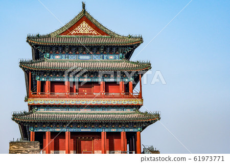 China, Beijing, Forbidden City Different design elements of the colorful buildings rooftops closeup details 61973771