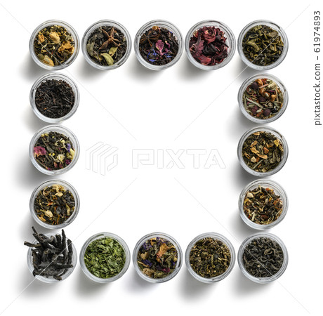 Large assortment of teas in the form of a frame on a white background. The view from the top Large assortment of teas in the form of a frame on a white background. The view from the top 61974893