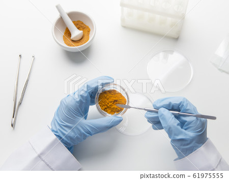 Scientist hands taking turmeric or curcuma for analizing in the laboratory 61975555