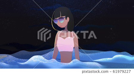 Woman standing on the sea at night Woman standing on the sea at night 61979227
