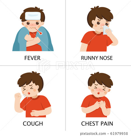 A boy get sick. He has high temperature. Boy is coughing and suffering from chest pain. Coronavirus 2019-ncov flu. 61979938