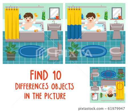 Adorable little boy taking a bath in bathtub. Find 10 differences objects in the picture. Adorable little boy taking a bath in bathtub. Find 10 differences objects in the picture. 61979947