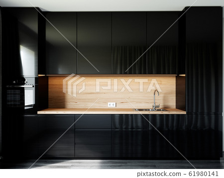 Modern black kitchen front view 61980141