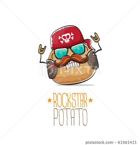 vector rock star potato funny cartoon cute character with bandana, leather jacket, sunglasses and moustache isolated on white background. rock n roll hipster vegetable funky character vector rock star potato funny cartoon cute character with bandana, leather jacket, sunglasses and moustache isolated on white background. rock n roll hipster vegetable funky character 61981415