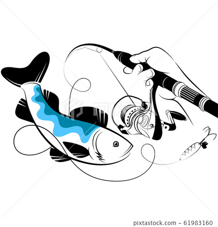 Fish catch and fishing rod in hand silhouette 61983160