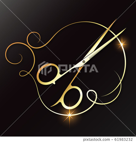 Gold scissors and lock of hair for beauty salon Gold scissors and lock of hair for beauty salon 61983232