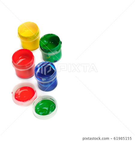 Jars with acrylic paint on a white background. Jars with acrylic paint on a white background. 61985155