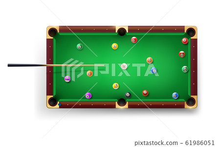 American Pool table with pool cue and glossy balls and other equipment. Vector realistic 3D detailed American Pool table with pool cue and glossy balls and other equipment. Vector realistic 3D detailed 61986051