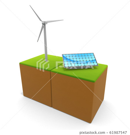 Wind power and solar panels. Think about the natural environment. Eco system. 3D illustration Wind power and solar panels. Think about the natural environment. Eco system. 3D illustration 61987547