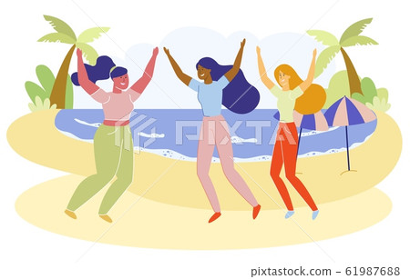 Flat Banner, Girlfriends Rest on Beach, Cartoon. 61987688