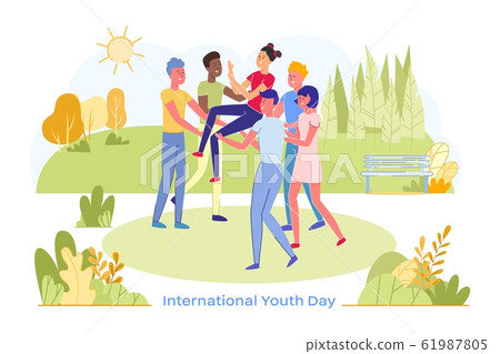 Friends Team Standing and Toss Up Air Young Girl 61987805