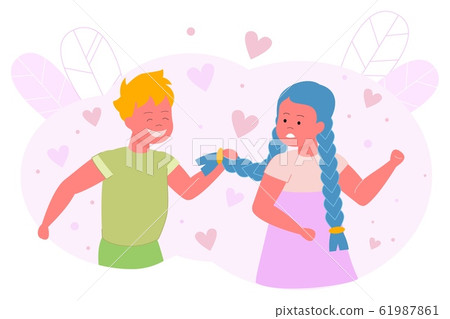 Boy Hesitates and Pulls Pigtail Girl, Cartoon. 61987861