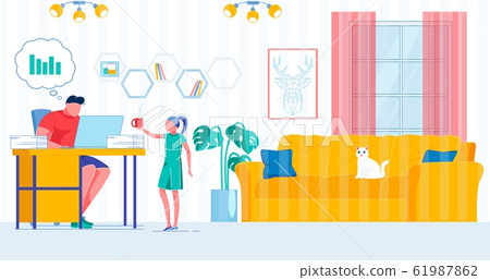 Daughter Bringing Coffee to Daddy Working at Home Daughter Bringing Coffee to Daddy Working at Home 61987862