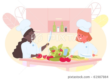 Girls Teenagers Making Salad, Cutting Vegetables. Girls Teenagers Making Salad, Cutting Vegetables. 61987864