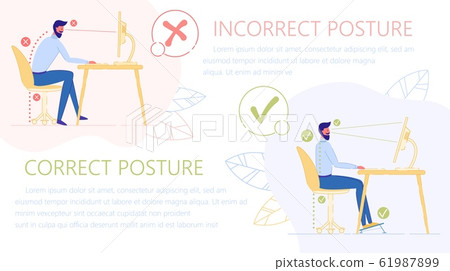Incorrect, Correct Posture, Sit in Front Computer. 61987899