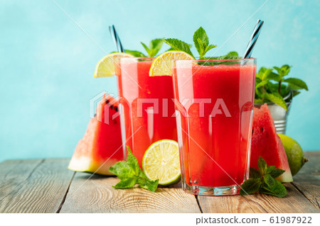 Watermelon slushie with lime and mint. Watermelon slushie with lime and mint. 61987922