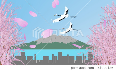 Sakurajima and two cranes surrounded by cherry blossoms Sakurajima and two cranes surrounded by cherry blossoms 61990186