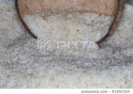 Close up Rice grain in coconut shell at thailand 61992504