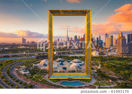 Aerial view of Dubai Frame, Downtown skyline, Aerial view of Dubai Frame, Downtown skyline, 61993170
