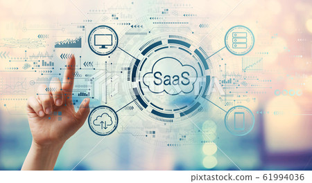 SaaS - software as a service concept with hand pressing a button SaaS - software as a service concept with hand pressing a button 61994036